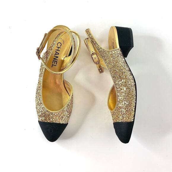Chanel CC Logo Glitter and Grosgrain Cap Toe Slingback Platform Heel Pumps 37 - Picture 2 of 13